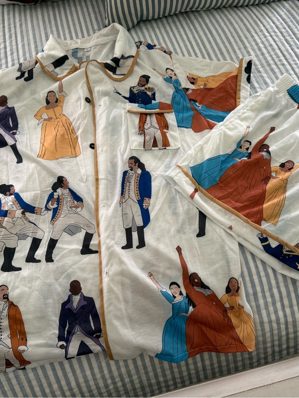 Hamilton-Inspired White Cotton Pajama Set with Multicolor Character Print